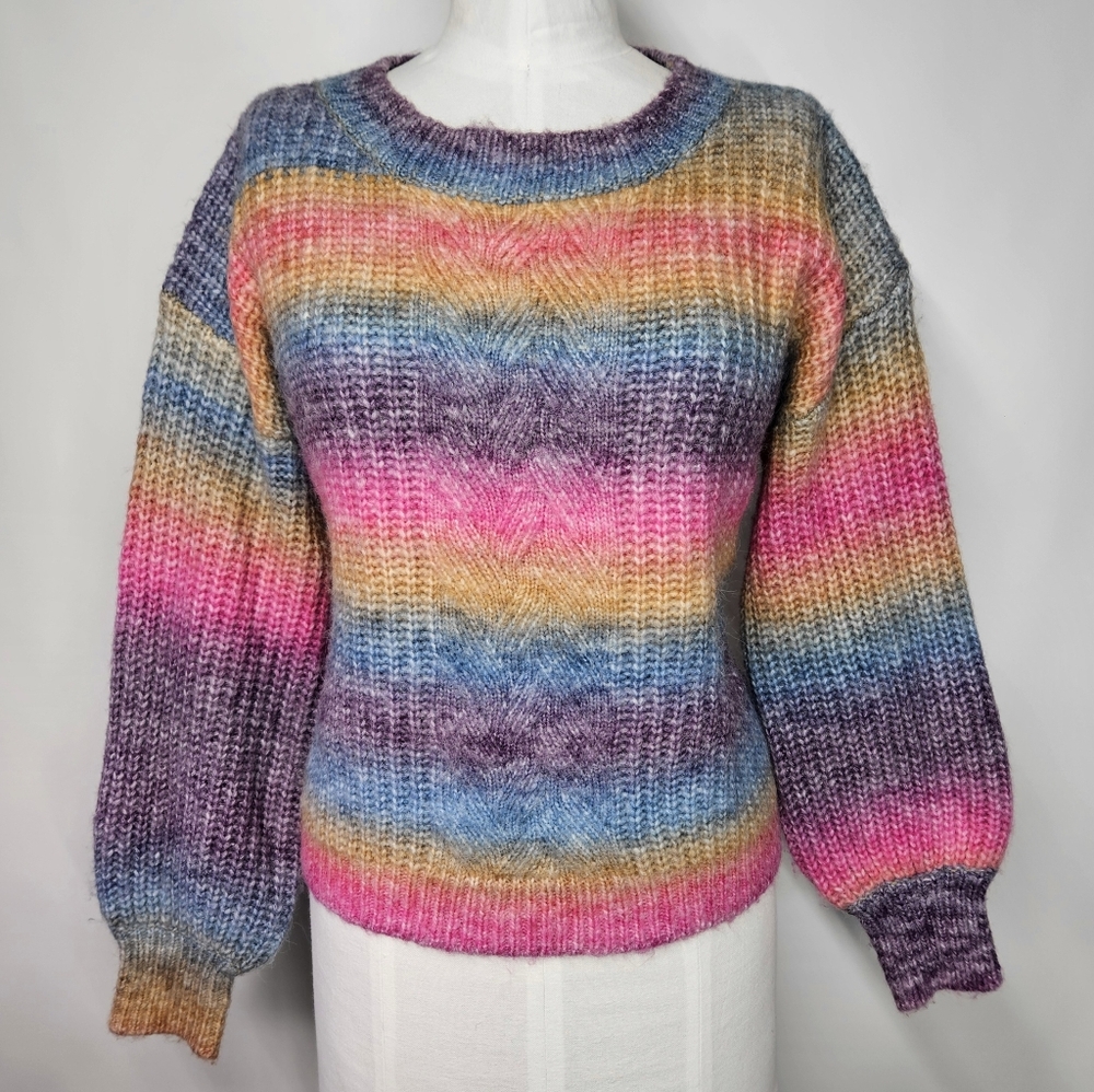 ee:some Size S/M Sweater Space Dye Ombre Rainbow Chunky Knit Crew Balloon Sleeve